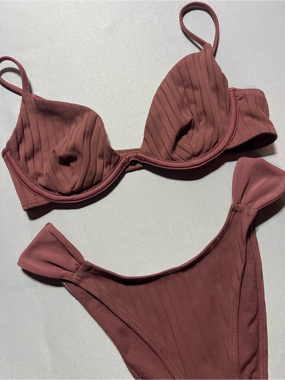 Women's XSmall Ribbed Underwire High Rise Cheeky Bikini Set in Dusty Rose/Mauve